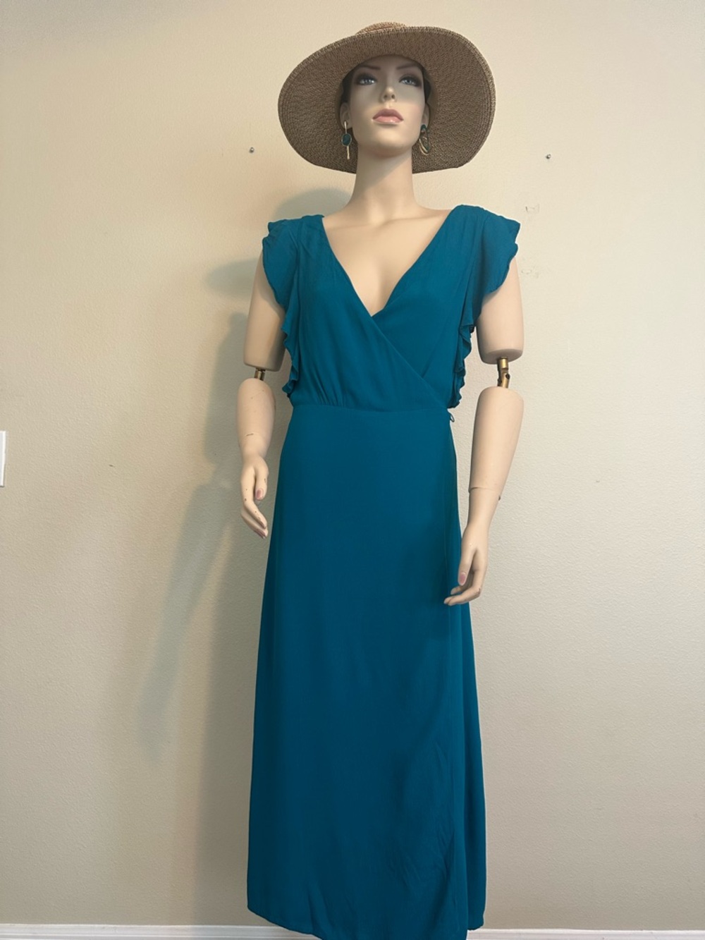 Willow & Clay Teal Blue Ruffle Sleeve Maxi Wrap Dress Small